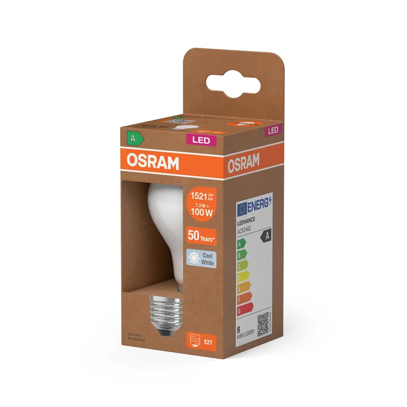 OSRAM Lampada LED ad alta efficienza Classic A100, 7.2W, 840, E27, Bianco freddo