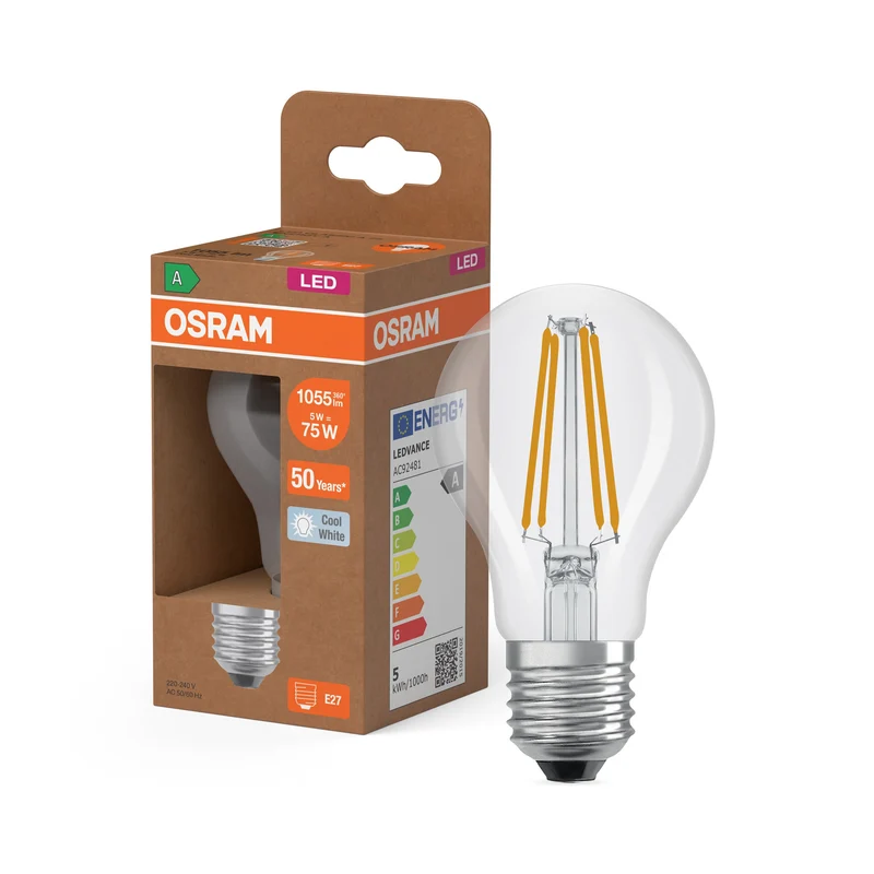 OSRAM Lampada LED ad alta efficienza Classic A75, 5W, chiara, E27, bianco freddo