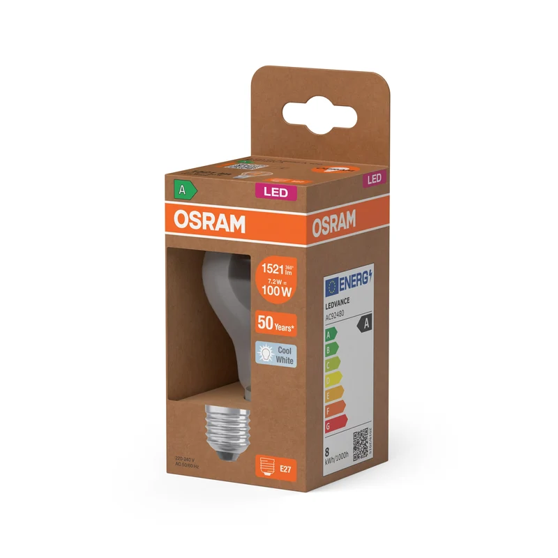 OSRAM Lampada LED ad alta efficienza Classic A100, 7.2W, chiaro, E27, bianco freddo
