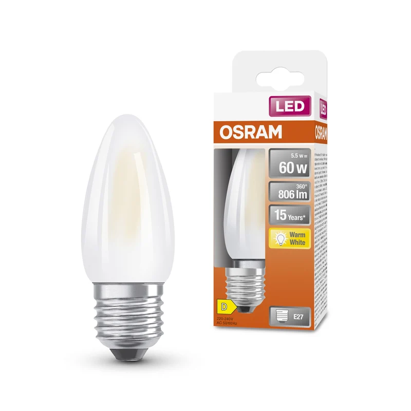 OSRAM LED Star Classic Lampada, Candela piccola, 5.5W, Opalina, E27, Bianco caldo