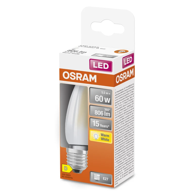 OSRAM LED Star Classic Lampada, Candela piccola, 5.5W, Opalina, E27, Bianco caldo