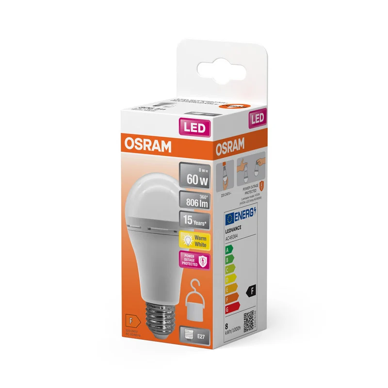 OSRAM LED Classic A 60 Lampada da campeggio / Luce di emergenza con batteria ricaricabile integrata (ex 60W) 8W Bianco caldo E27