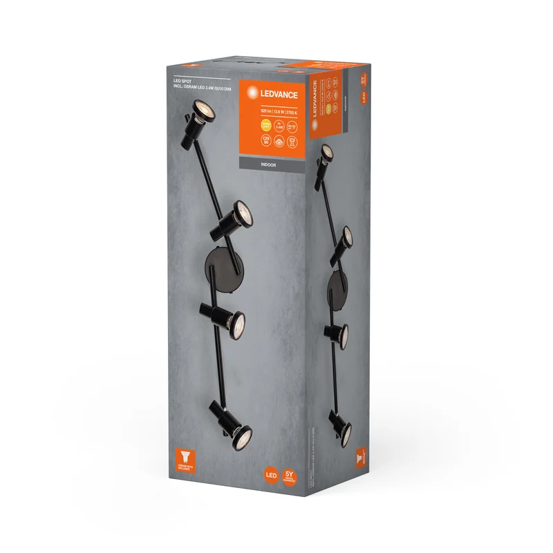 LEDVANCE Faretto LED GU10 Lampada da soffitto 4 x 3,4W, 920lm, nero
