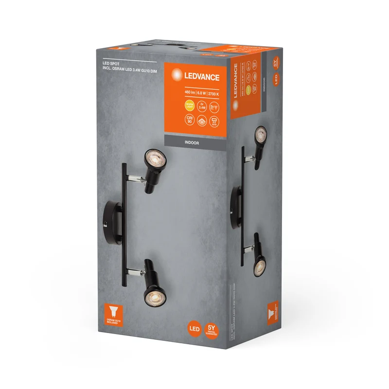 LEDVANCE FARETTO LED GU10 Lampada da soffitto 2 x 3,4W, 460lm, nero