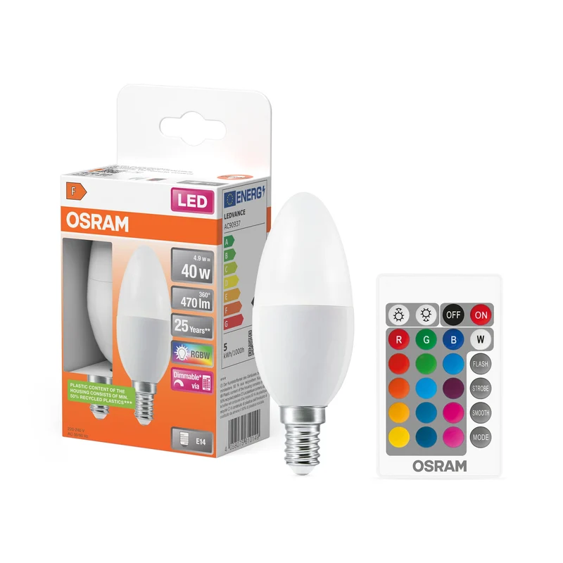 Lampada LED retrofit OSRAM con telecomando RGBW multicolore dimmerabile (ex 40W) 4,9W/2700K bianco caldo E14