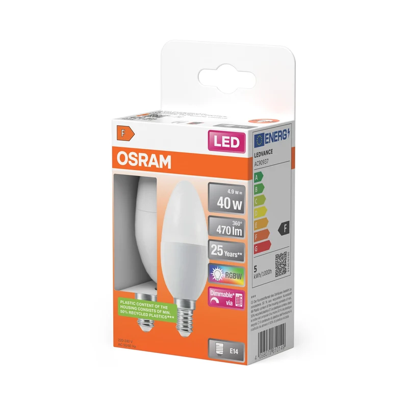 Lampada LED retrofit OSRAM con telecomando RGBW multicolore dimmerabile (ex 40W) 4,9W/2700K bianco caldo E14