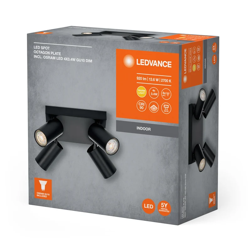 LEDVANCE FARETTO LED OTTAGONALE PL Lampada da soffitto 4 x 3,4W, GU10, 920lm, nero