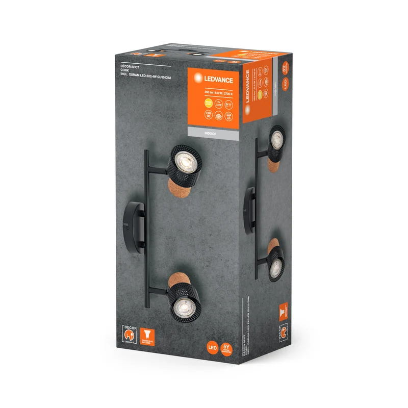 LEDVANCE DECOR SPOT CORK lampada da soffitto, 2 x 3,4W, 460lm, nero