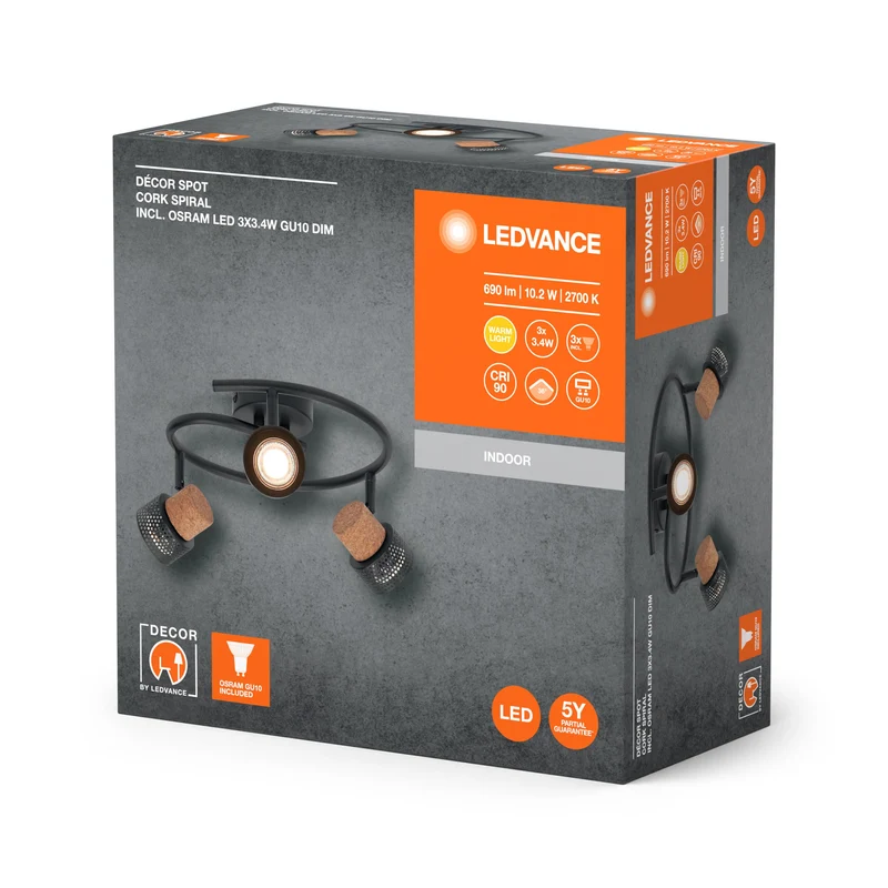 LEDVANCE DECOR SPOT CORK Lampada a soffitto a spirale, 3 x 3,4W, 690lm, nero