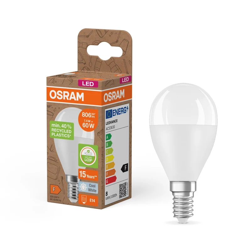 OSRAM LED Star Classic P 60 Lampada Plastica riciclata 7.5W Kaltweiß Frosted E14