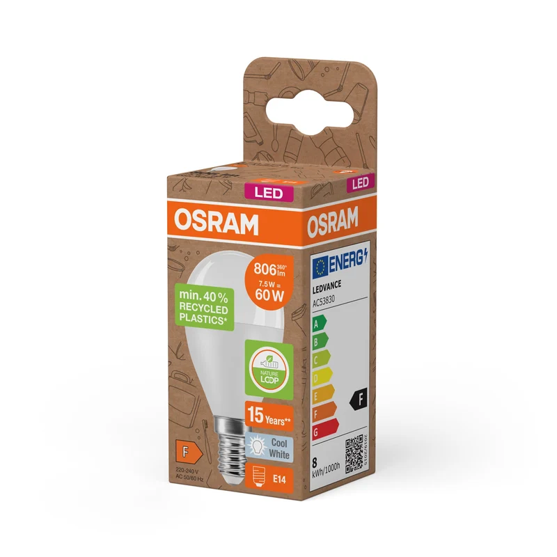 OSRAM LED Star Classic P 60 Lampada Plastica riciclata 7.5W Kaltweiß Frosted E14