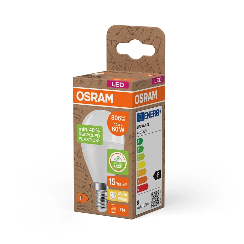 OSRAM LED Star Classic P 60 Lampada Plastica riciclata 7.5W Warmweiß Frosted E14