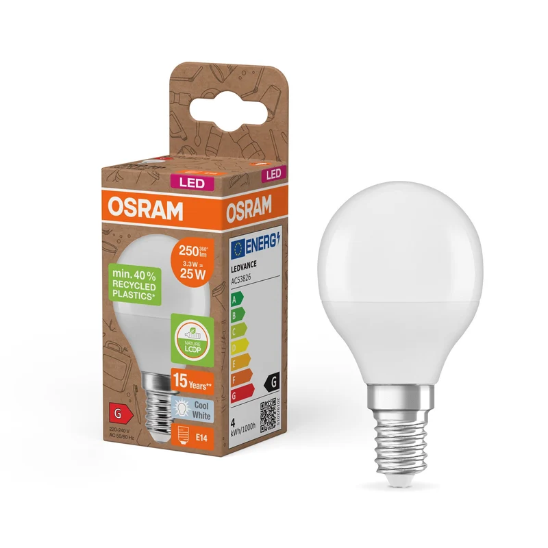 OSRAM LED Star Classic P 25 Lampada Plastica riciclata 3.3W Kaltweiß Frosted E14