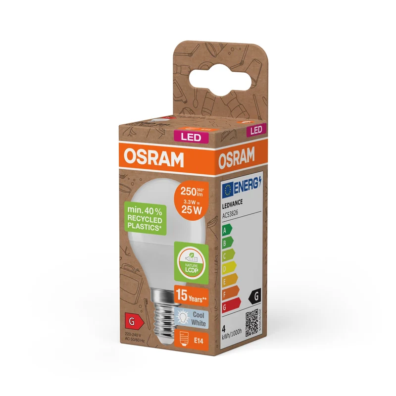 OSRAM LED Star Classic P 25 Lampada Plastica riciclata 3.3W Kaltweiß Frosted E14