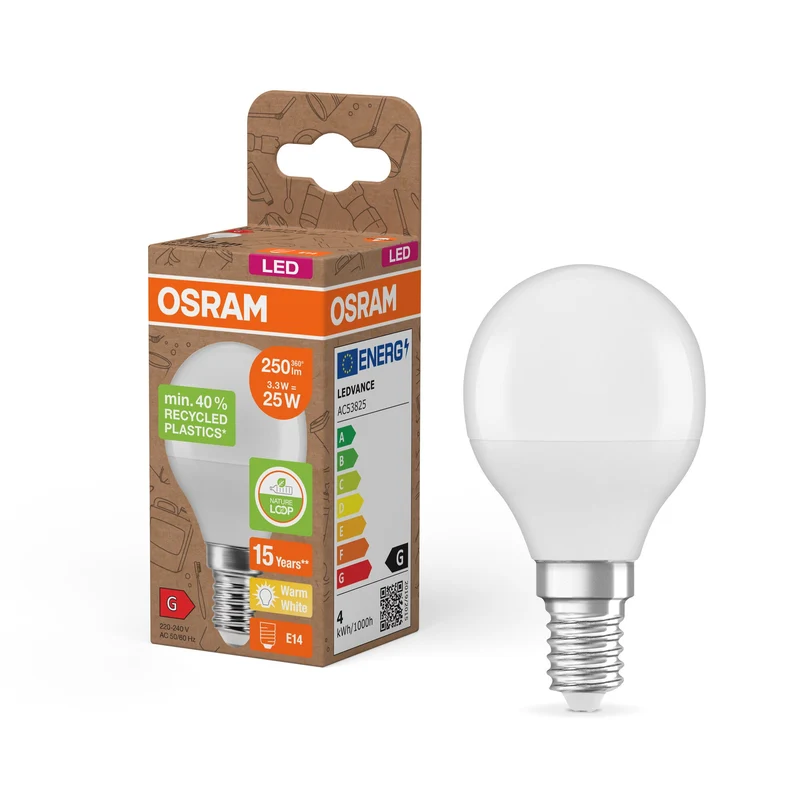 OSRAM LED Star Classic P 25 Lampada Plastica riciclata 3.3W Warmweiß Frosted E14
