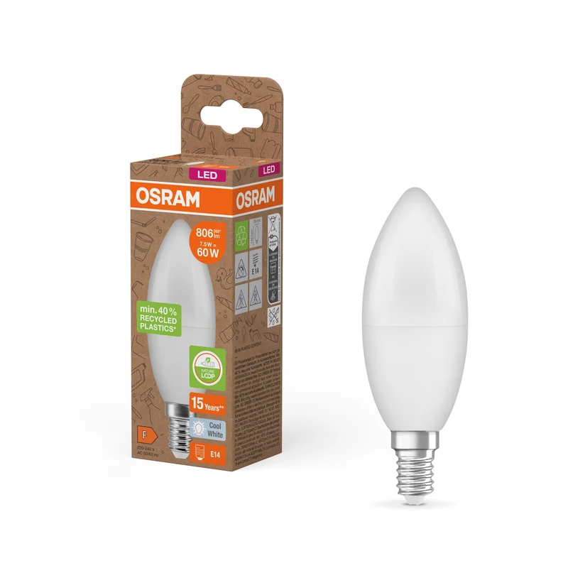 OSRAM LED Star Classic B 60 Lampada Plastica riciclata 7.5W Kaltweiß Frosted E14