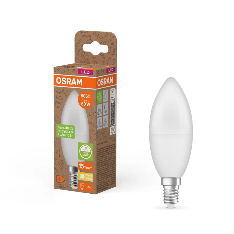 OSRAM LED Star Classic B 60 Lampada Plastica riciclata 7.5W Warmweiß Frosted E14