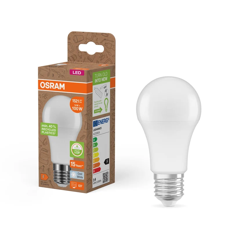 OSRAM LED Star Classic A 100 Lampada Plastica riciclata 14W Kaltweiß Satinato E27