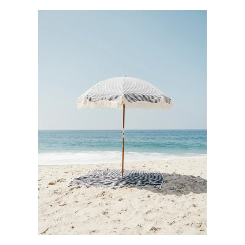 Ombrellone vintage a righe blu navy con frange ø180 x 230.