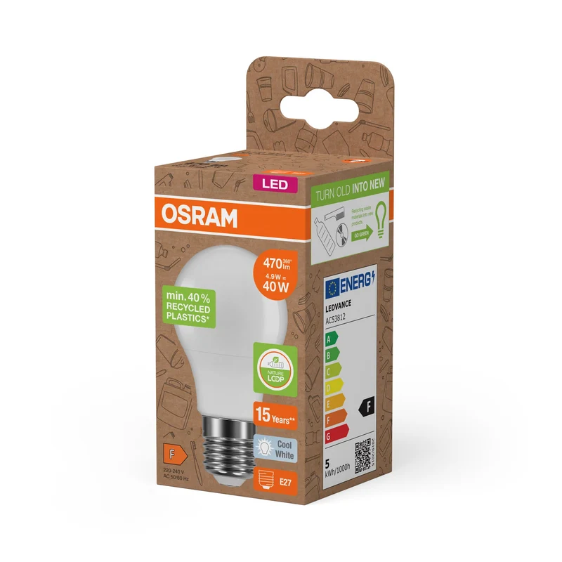 OSRAM LED Star Classic A 40 Lampada Plastica riciclata 4.9W Kaltweiß Satinato E27
