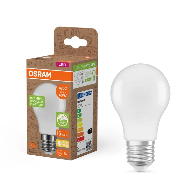 OSRAM LED Star Classic A 40 Lampada Plastica riciclata 4.9W Warmweiß Frosted E27