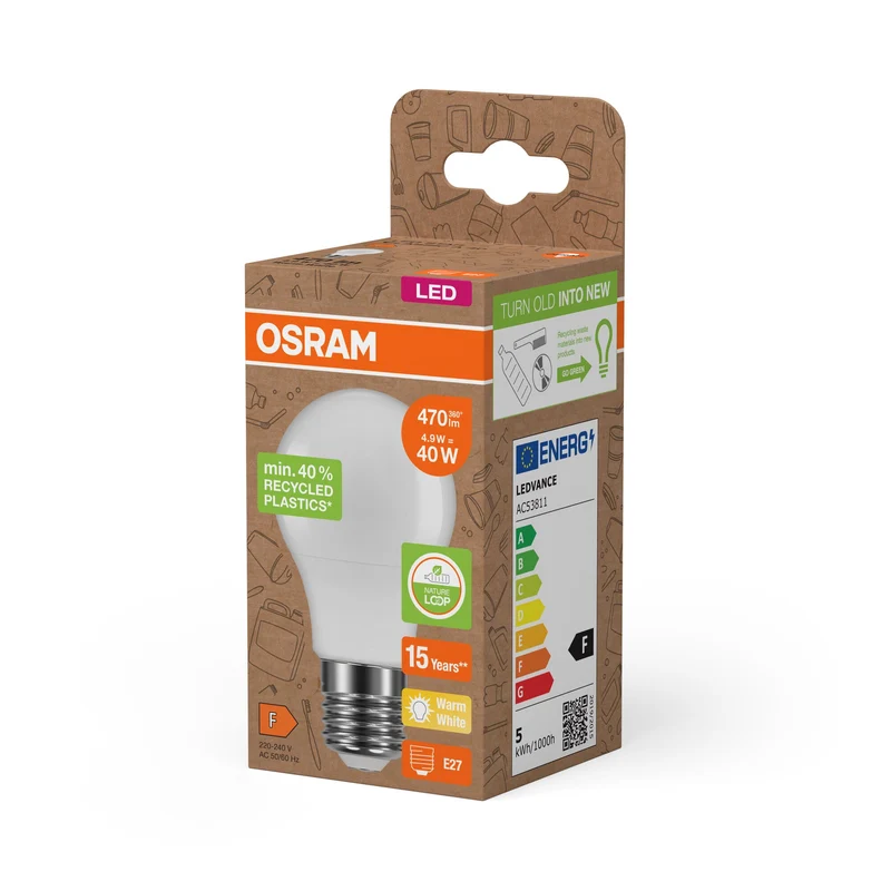 OSRAM LED Star Classic A 40 Lampada Plastica riciclata 4.9W Warmweiß Frosted E27