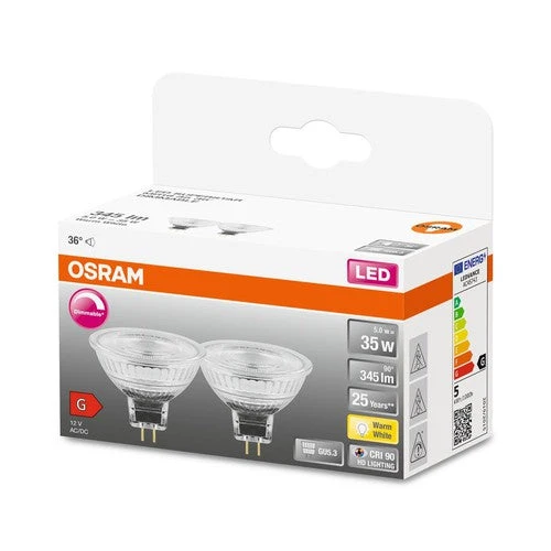 OSRAM Lampade con riflettore LED dimmerabili a bassa tensione MR16 con presa retrofit, ricambio da 35 Watt, GU5.3, riflettore MR16, 2700 Kelvin, bianco caldo, vetro trasparente, confezione da 2