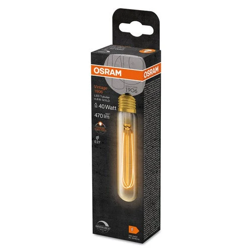 OSRAM Lampadine LED Dimmerabili, Edizione Vintage 1906, Sostituzione 40 Watt, E27, Tubolare, 2200 Kelvin, Luce Calda Confortevole, Vetro Chiaro, Confezione Singola, E27