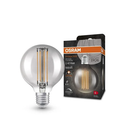 Lampade LED dimmerabili OSRAM, edizione vintage, ricambio da 42 watt, E27, G80, 1800 Kelvin, luce calda e confortevole, vetro trasparente, confezione singola