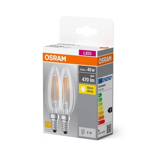 OSRAM BASE CL B FIL 40 Lampadina LED, 4W, 470lm, Bianco caldo, E14