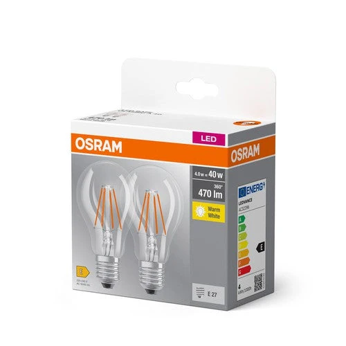 OSRAM BASE CL A FIL 40 Lampadina LED, 4W, 470lm, Bianco caldo, E27