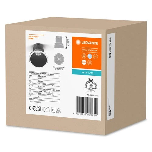 LEDVANCE SPOT TWIST Ø 93mm Downlight, bianco caldo, 10W, 800lm, 840 WT