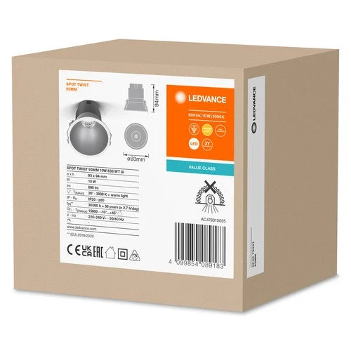 LEDVANCE SPOT TWIST Ø 93mm Downlight, argento, 10W, 800lm, 830 WT