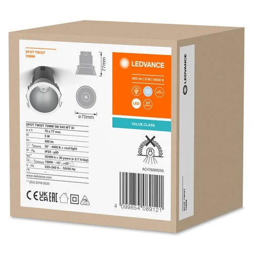 LEDVANCE SPOT TWIST Ø 70mm Downlight, argento, 5W, 400lm, 840 WT