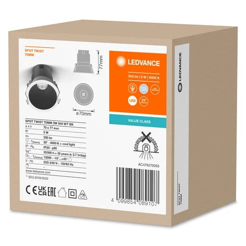 LEDVANCE SPOT TWIST Ø 70mm Downlight, nero, 5W, 400lm, 840 WT
