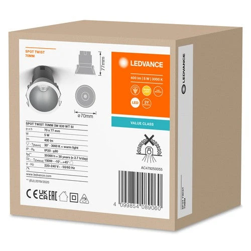 LEDVANCE SPOT TWIST Ø 70mm Downlight, argento, 5W, 400lm, 830 WT