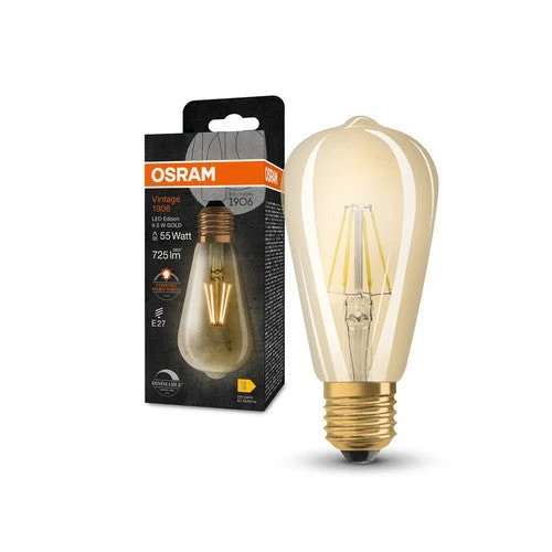 Lampadine LED dimmerabili OSRAM, Edizione Vintage, sostituzione 55 Watt, E27, forma ST64, 2400 Kelvin, bianco caldo comfort, vetro chiaro, confezione singola, E27