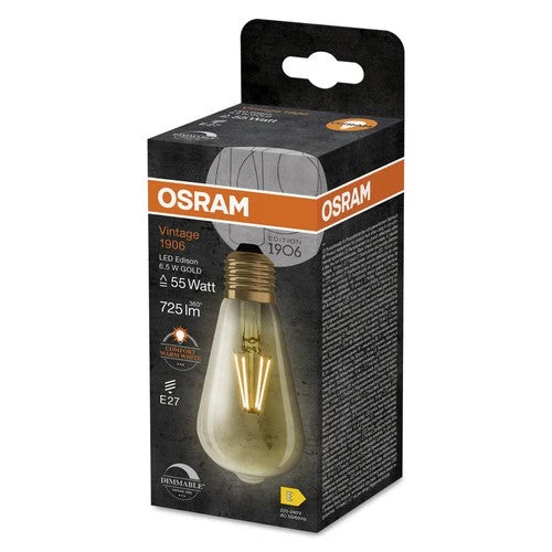 Lampadine LED dimmerabili OSRAM, Edizione Vintage, sostituzione 55 Watt, E27, forma ST64, 2400 Kelvin, bianco caldo comfort, vetro chiaro, confezione singola, E27