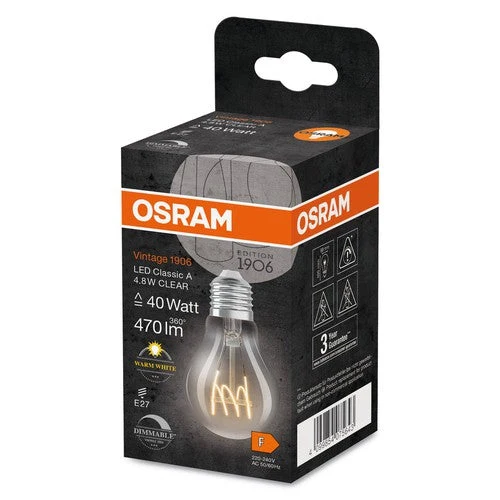 OSRAM Vintage 1906® Classica Lampadina LED A, 4,8W, 470lm, Bianco caldo, E27