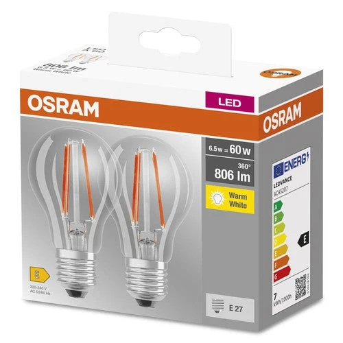 OSRAM BASE CL A FIL 60 Lampadina LED, 6,5W, 806lm, Bianco caldo, E27