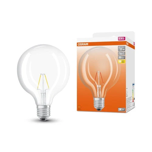 Lampade LED OSRAM, classica forma sferica, ricambio da 25 watt, E27, G125, 2700 Kelvin, bianco caldo, vetro trasparente, confezione singola