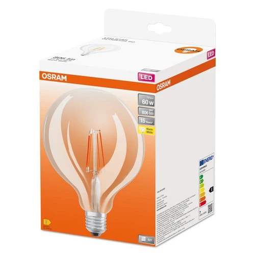 Lampade LED OSRAM, classica forma sferica, ricambio da 60 watt, E27, G125, 2700 Kelvin, bianco caldo, vetro trasparente, confezione singola