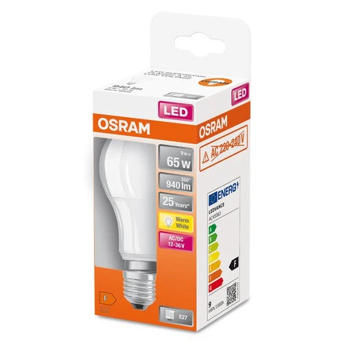 Lampadine LED OSRAM, forma classica a bulbo, 12V-36V, sostituzione 65 Watt, E27, forma A, 2700 Kelvin, bianco caldo, opaco, confezione singola