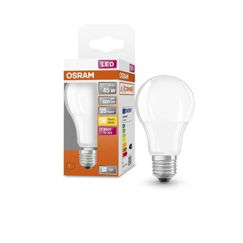 Lampadine LED OSRAM, forma classica a bulbo, 12V-36V, sostituzione 45 Watt, E27, forma A, 2700 Kelvin, bianco caldo, opaco, confezione singola