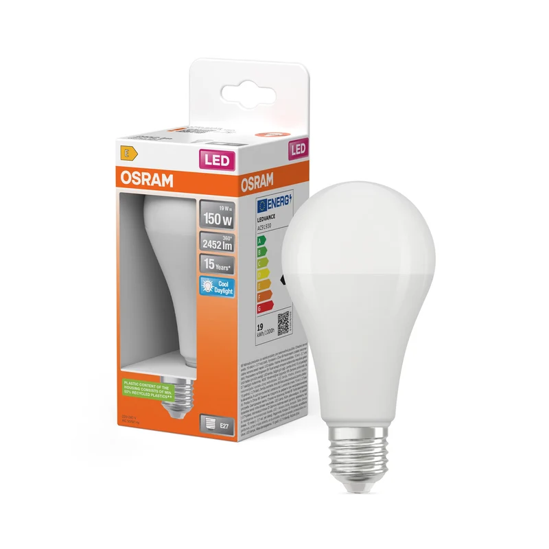 Lampade LED OSRAM, forma classica della lampadina, ricambio da 150 watt, E27, forma A, 6500 Kelvin, luce diurna fredda, opaca, confezione singola