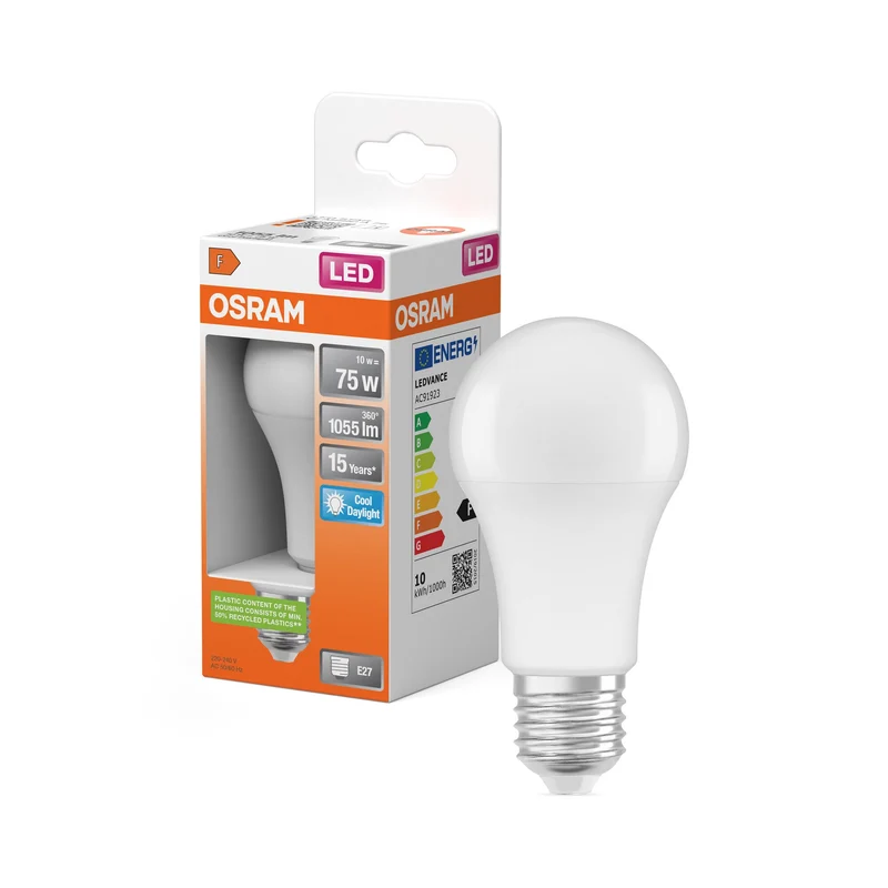 Lampade LED OSRAM, forma classica della lampadina, ricambio da 75 watt, E27, forma A, 6500 Kelvin, luce diurna fredda, opaca, confezione singola