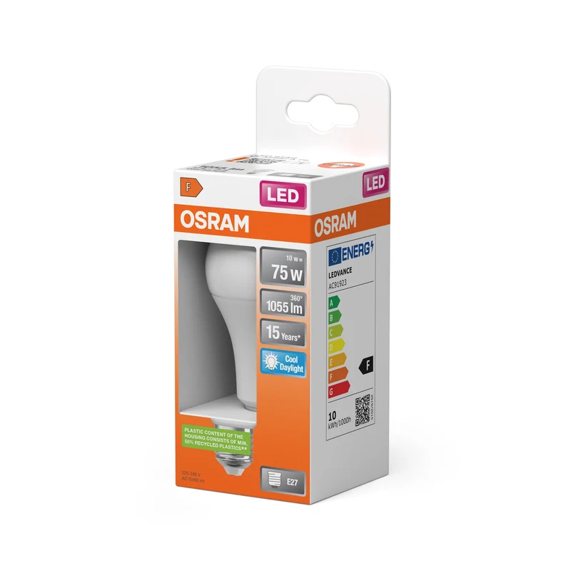 Lampade LED OSRAM, forma classica della lampadina, ricambio da 75 watt, E27, forma A, 6500 Kelvin, luce diurna fredda, opaca, confezione singola