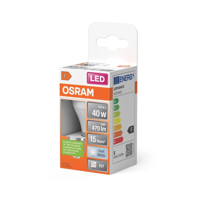 Lampade LED OSRAM, classica forma mini sferica, ricambio da 40 watt, E27, forma P, 4000 Kelvin, bianco freddo, opaco, confezione singola