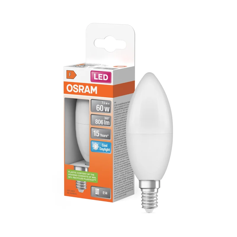OSRAM lampadine LED, forma classica a mini candela, sostituzione 60 watt, E14, forma B, 6500 kelvin, luce diurna fredda, opaca