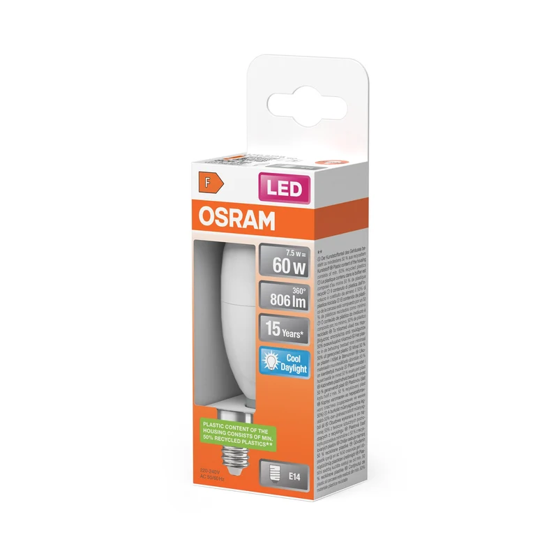 OSRAM lampadine LED, forma classica a mini candela, sostituzione 60 watt, E14, forma B, 6500 kelvin, luce diurna fredda, opaca